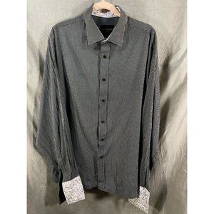 Dress Code Button Up Shirt Adult Large Black Grey‎ Striped Contrast Cuff Mens.